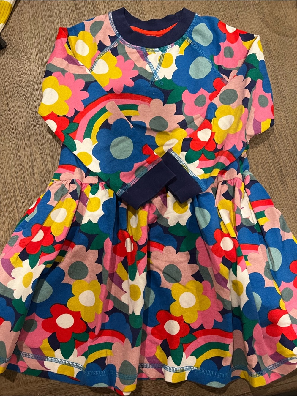 Mini Boden Rainbow Floral Long-Sleeve Dress - Blue, Pink, Yellow, Red, Green